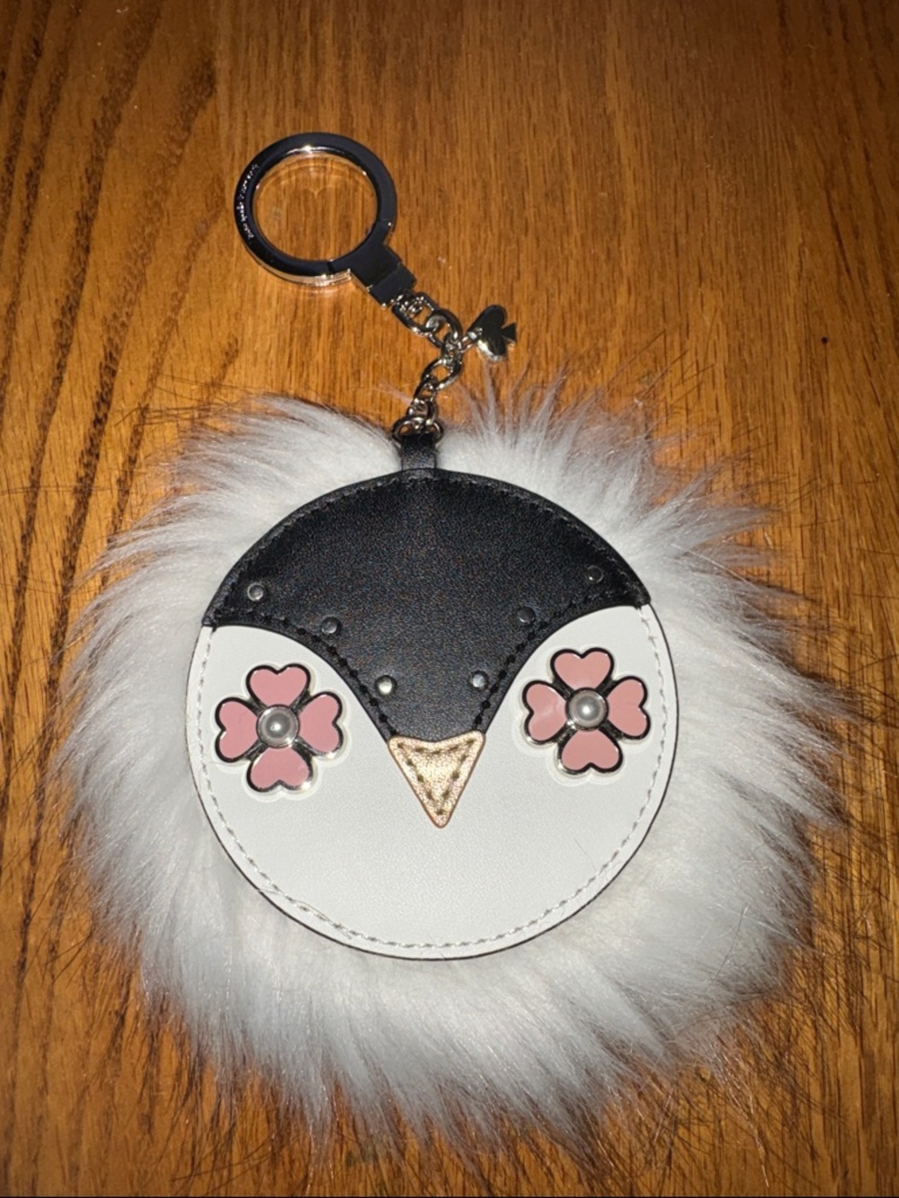 kate spade White and Black Penguin Faux Fur Keychain/Bag Charm Pink Flower Eyes
